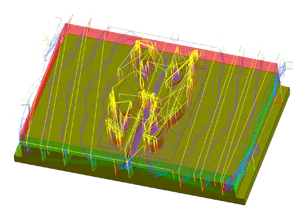 Mastercam toolpaths over the mold plate stock, white background removed