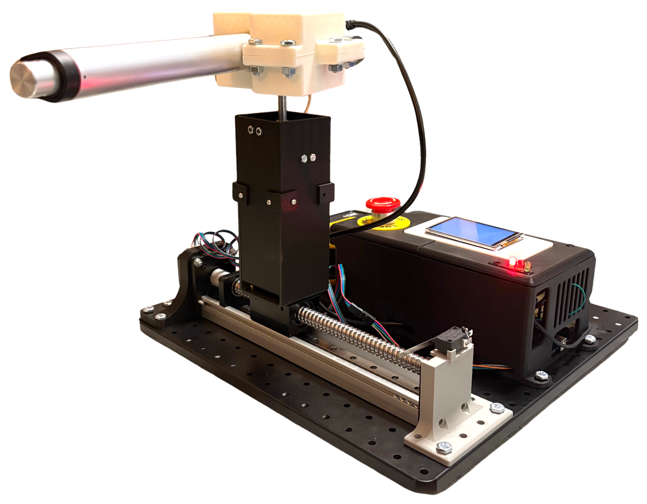 Payload robot prototype on its base plate, shown with the white background removed